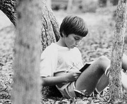 A boy reading in the woods